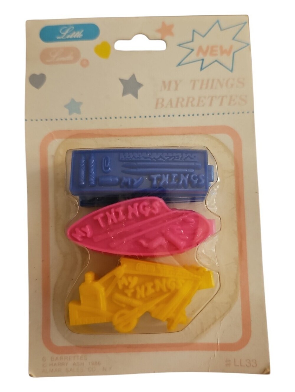 Vtg LITTLE LINDA Colorful Back To School Hair Barrettes - Blue, Pink & Yellow